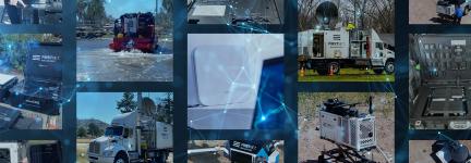 Compilation of different FirstNet deployables, including: miniCRD, a CRD on the back of a boat in the water, a SatCOLT, a Cell Booster Pro, a Flying Cell on Wings (COW), another SatCOLT, a CRD on the ground, a CRD on the back of a pickup truck, a mobile broadband kit