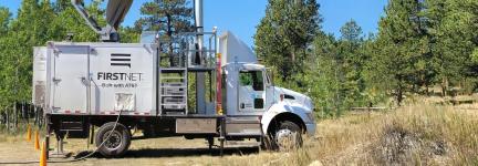 Deployed AT&amp;T FirstNet SatCOLTin the wilderness. SatCOLTs, or satellite cell on light trucks, are mobile cell sites designed to establish a steady and consistent broadband connection.