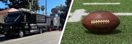 A FirstNet SatCOLT parked in Inglewood, California; a football in the middle of a stadium field