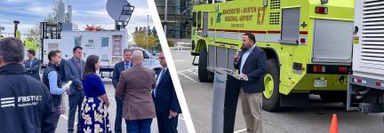 Governor Chris Sununu, public safety officials, and AT&amp;T representatives in front of a FirstNet SatCOLT at Manchester-Boston Regional Airport; FirstNet Authority Senior Public Safety Advisor Bruce Fitzgerald speaking at a press event in front of a Manchester-Boston Regional Airport fire vehicle.