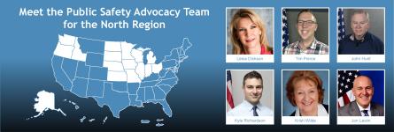 A map of the U.S. in blue with 16 states in the North region in white next to headshots of the six public safety advisors who represent those states.