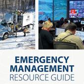 Emergency managers gathered around table to survey multiple maps; front cover of the FirstNet Authority’s Emergency Resource Guide.