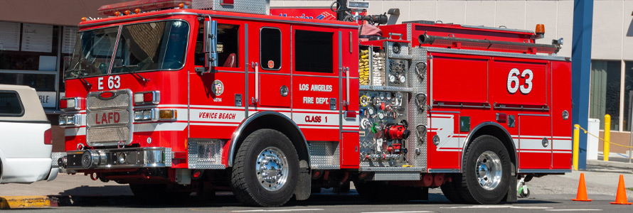 A Los Angeles Fire Department truck sits on the street.